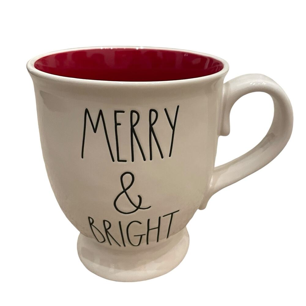 Rae Dunn MERRY & BRIGHT Christmas Coffee Mug 24 oz Ceramic Red & White NEW